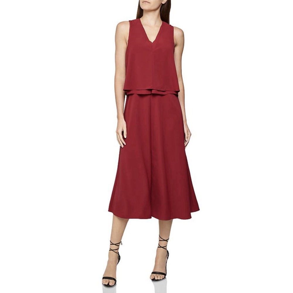 REISS Viola Midi Dress Berry Red 0 XS Layered Quiet Luxury Minimalist Cocktail